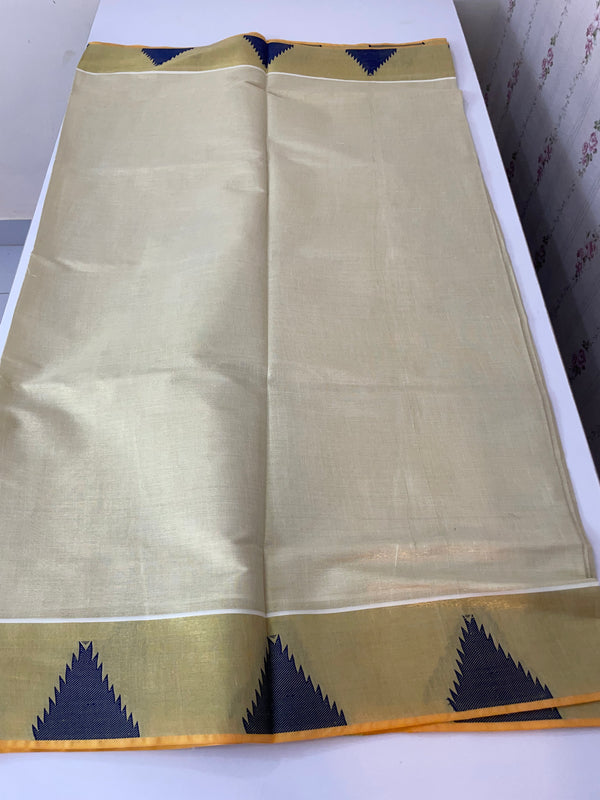 Kerala gold tissue saree with temple border - DarkBlue