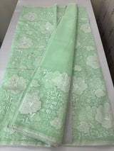 Semi organza saree with applqiue work - MSH256 AquaGreen