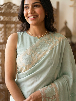 Soft Pashmina saree with organza Applique borders MSH251 - PastelAqua