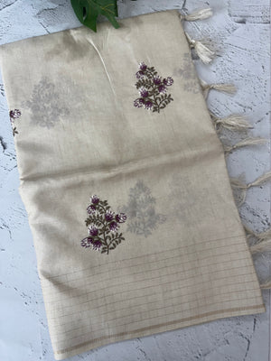 Blended tussar saree with embriodery - MS8667 PearlCream