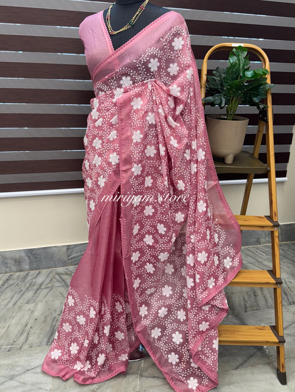 Soft kota checks saree with embroidery MSKC341 BerryPink