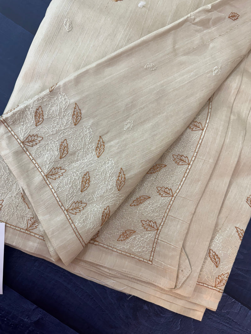 Blended tussar saree with embriodery - SEFNMYS Cream