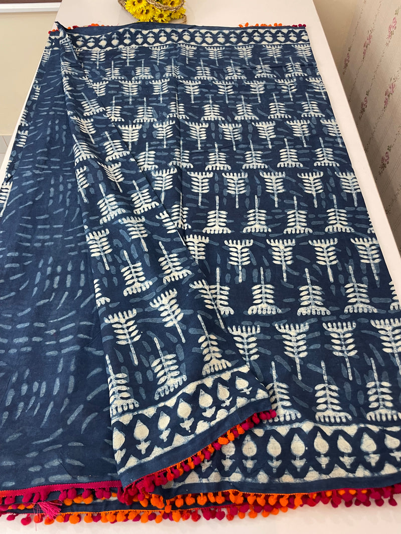 Pure mul cotton hand block printed saree SKSRMY