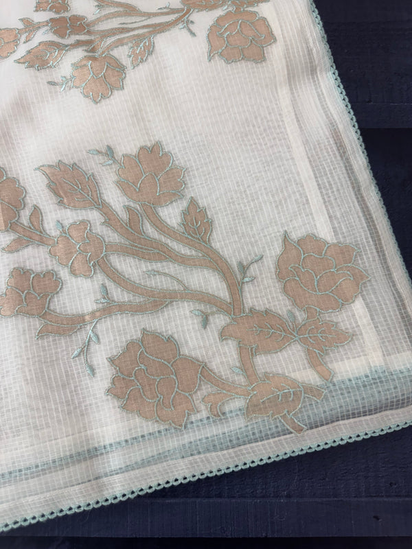 NetKota Applique work saree  MSH123- White & AquaBlue