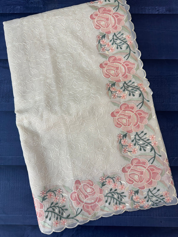 Phulkari NetKota embroidery saree - MSH107 Offwhite to Peach