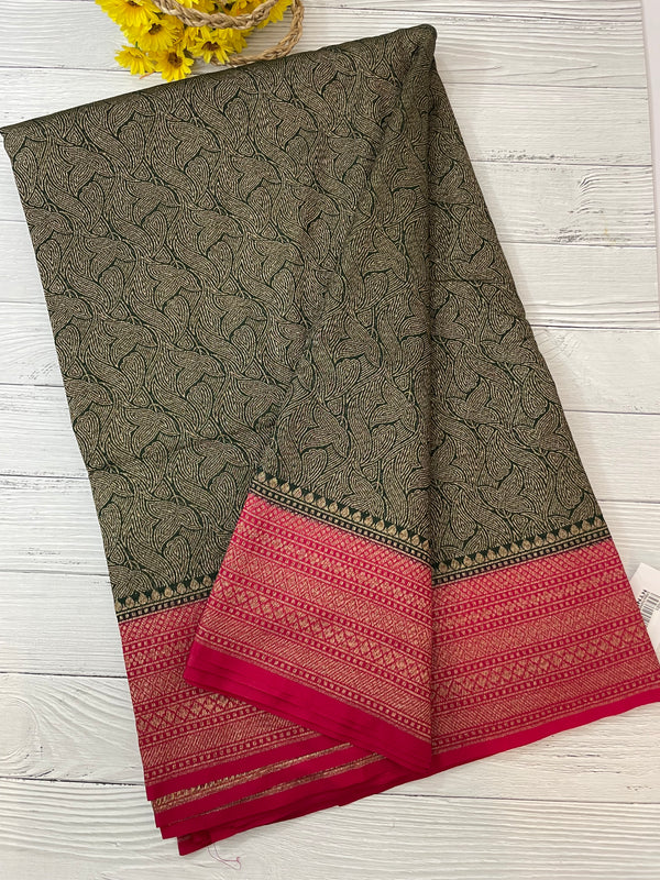 Banarasi semi katan saree with contrast border MS6665- DarkGreen to Pink