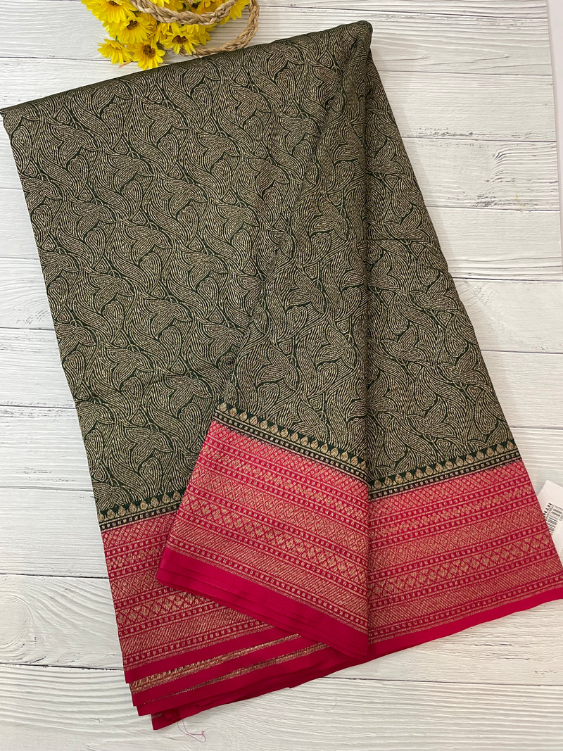 Banarasi semi katan saree with contrast border MS6665- DarkGreen to Pink