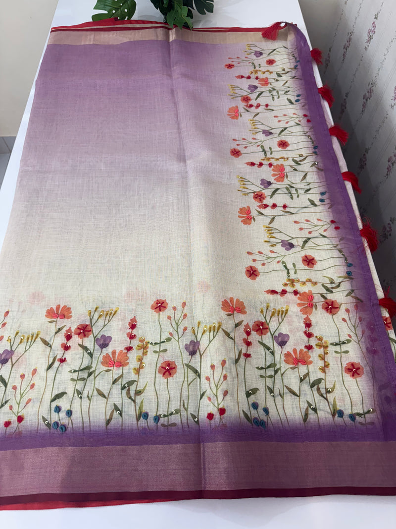 Handworked floral digital printed semi Linen Saree MLS611