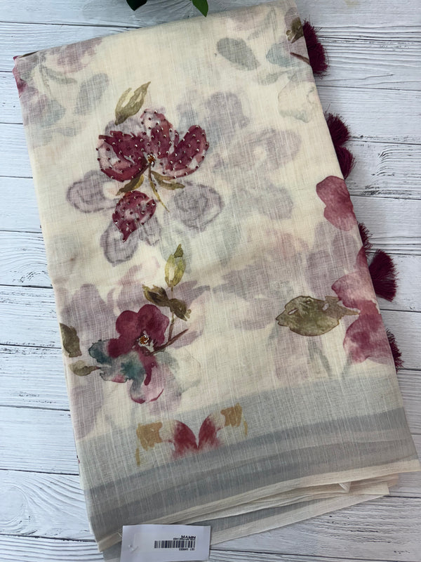 Handworked floral digital printed semi Linen Saree MLS611