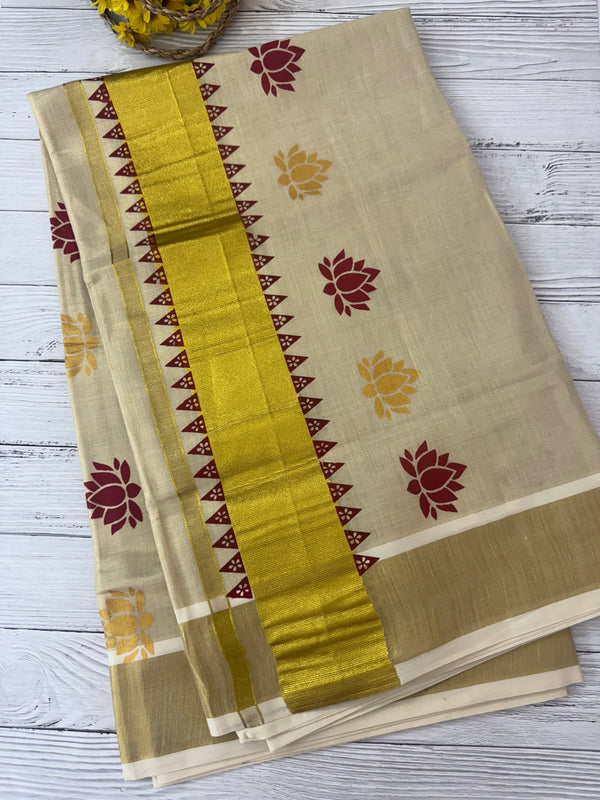 Kerala Lotus printed tissue saree -DeepMaroon
