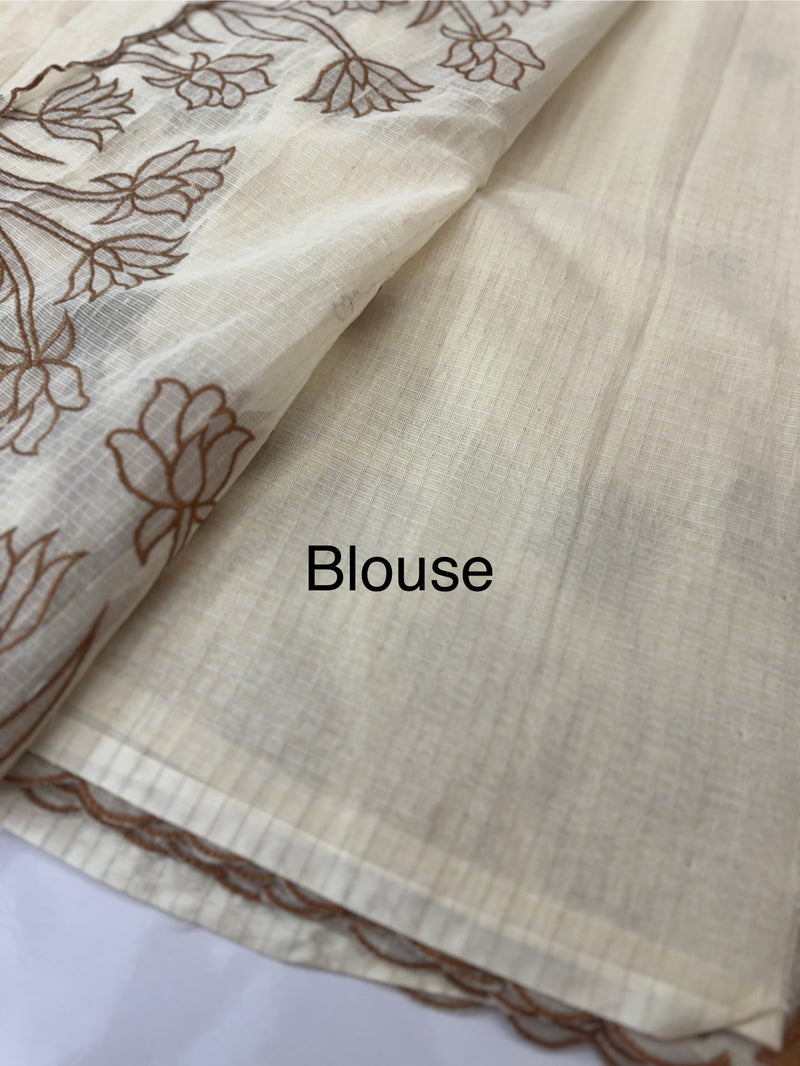Jute Linen Applique work saree  -MSH128 Offwhite to Caramel