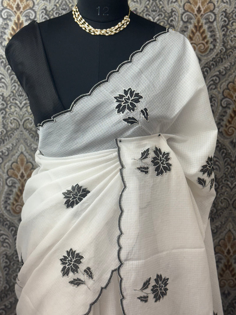 Soft kota silk saree with applique work MS15102- Black& white
