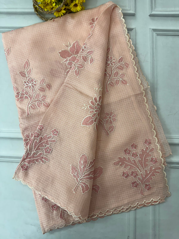 Soft kota silk saree with applique embroidery and scalloped border MS15232- PastelPeach
