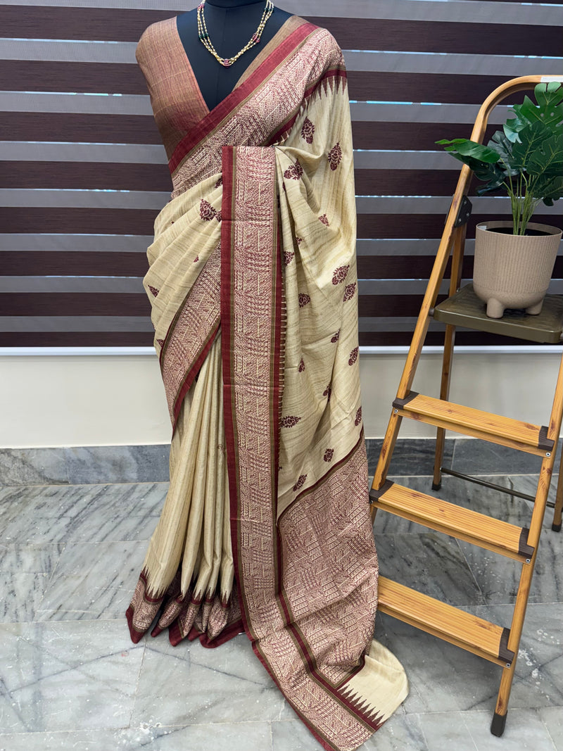 Semi Tussar embroidery saree MSTS541