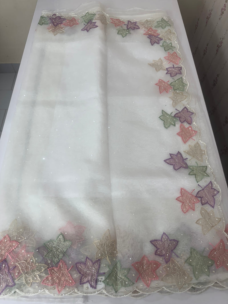 Handworked glass organza saree with applique work- MSHW227 - White