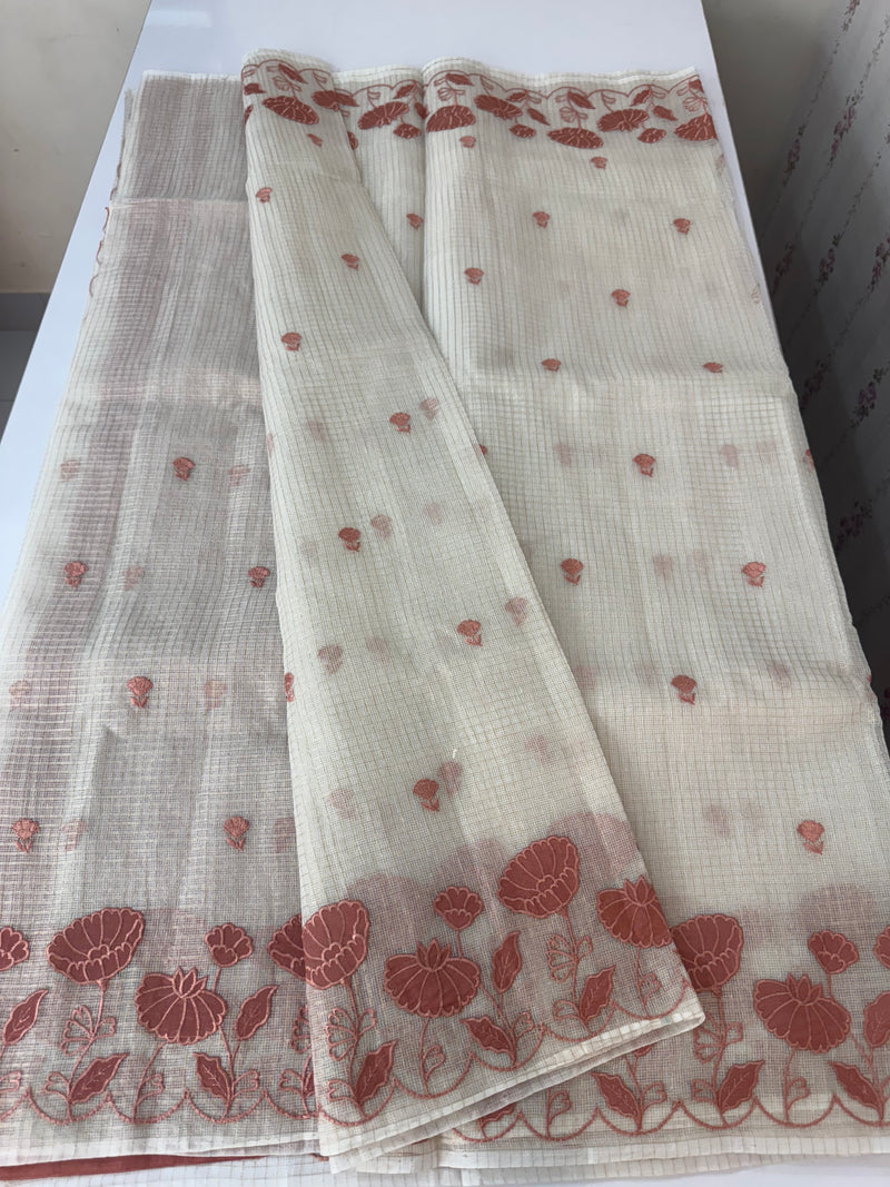 Tissue silk saree with zari checks and applique work  MSH105- Offwhite to DuskyPeach