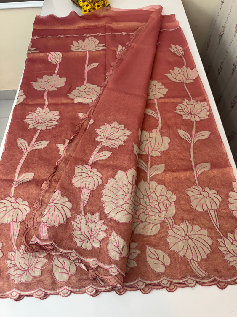 Dual tone Crush silk Organza Applique work saree MS14567- DuskyPeachPink
