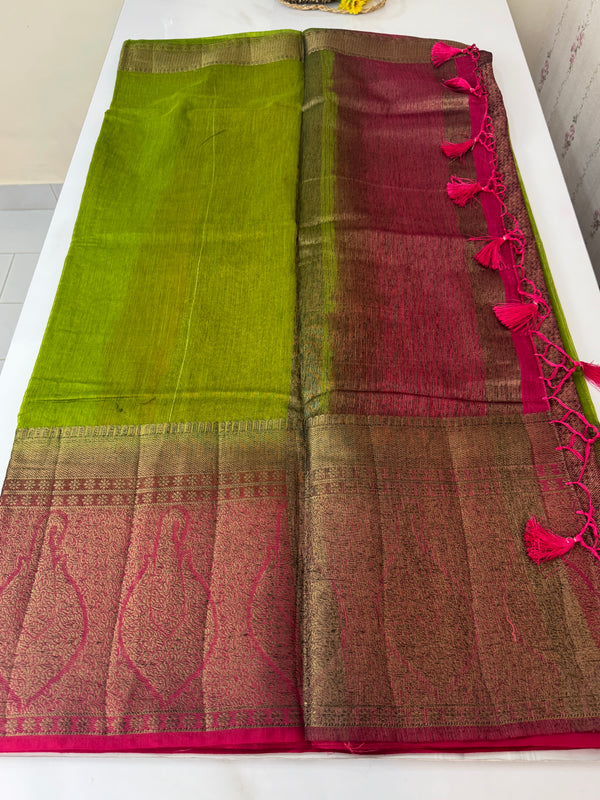 Jute silk sarees with contrast pallu & brocade blouse MJL877