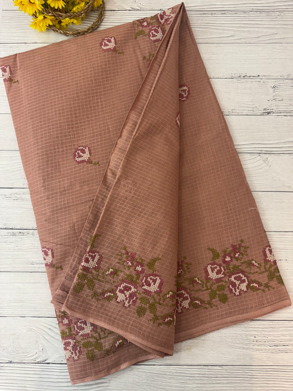 Pure Kota cotton saree with cross stitch embroidery -MKAS339 - DuskyPeach