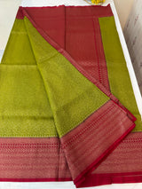 Banarasi semi katan saree with contrast border MS6665- ParrotGreen to MaroonRed