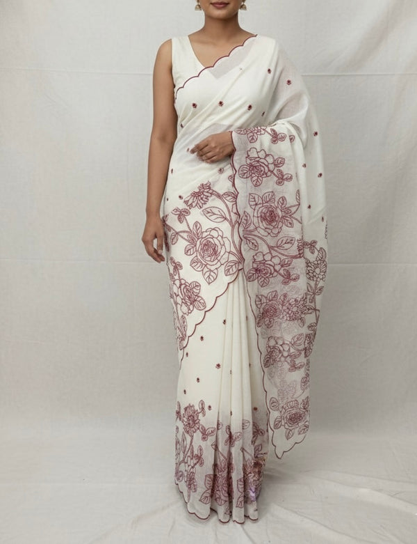 Mul chanderi embriodery saree  MSH135 - Offwhite & Red (Design 3)