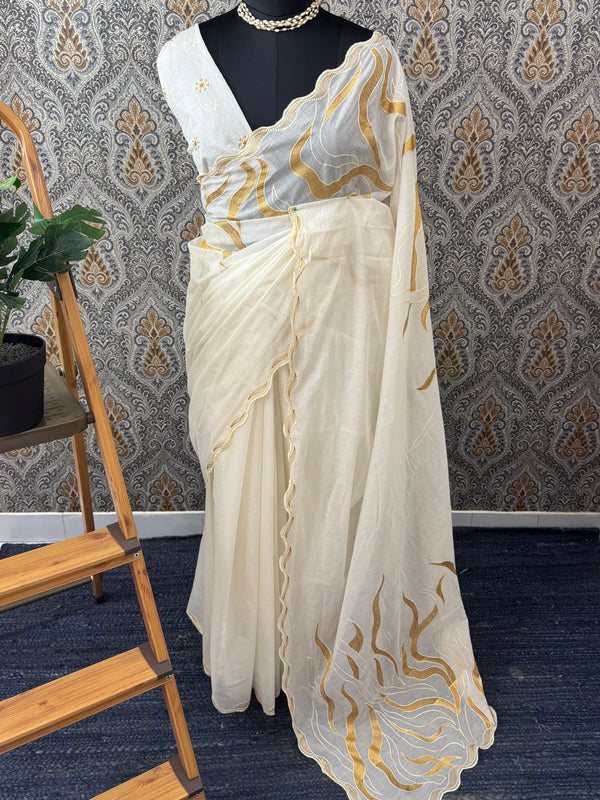 Mul chanderi embriodery saree with scalloped borders MCBS654