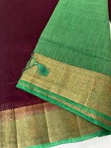 Jute silk sarees with contrast pallu & blouse MJL396 Wine to Green