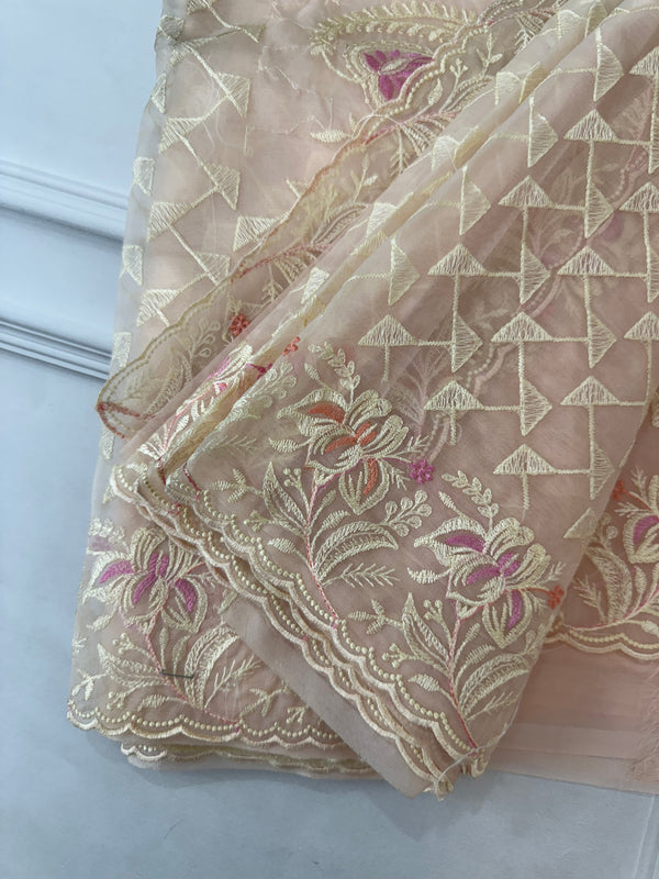 Designer Organza Saree with scalloped border - MOS7113 PastelPeach