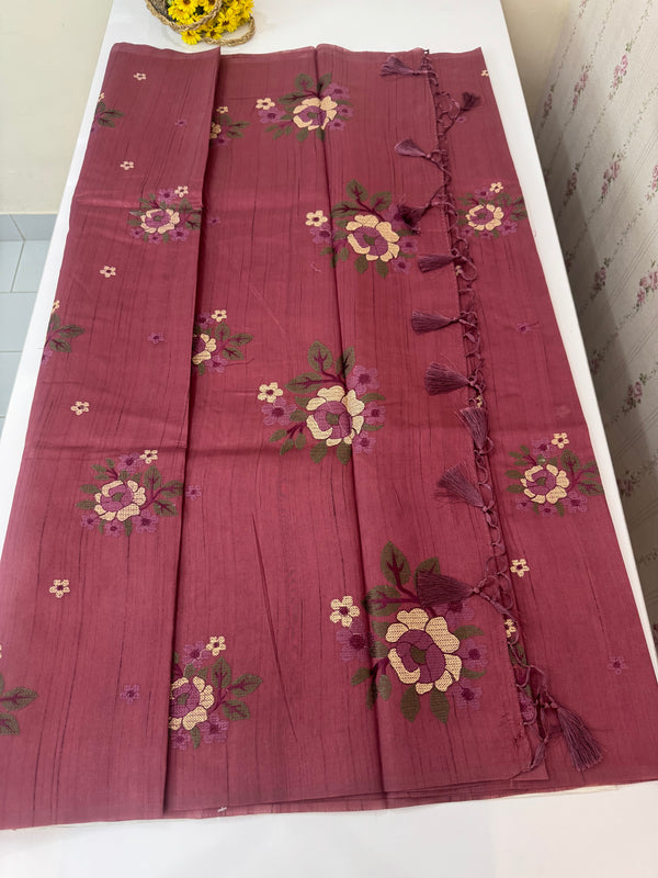 Blended matka tussar silk saree with embroidery - MS90654 Burgundy