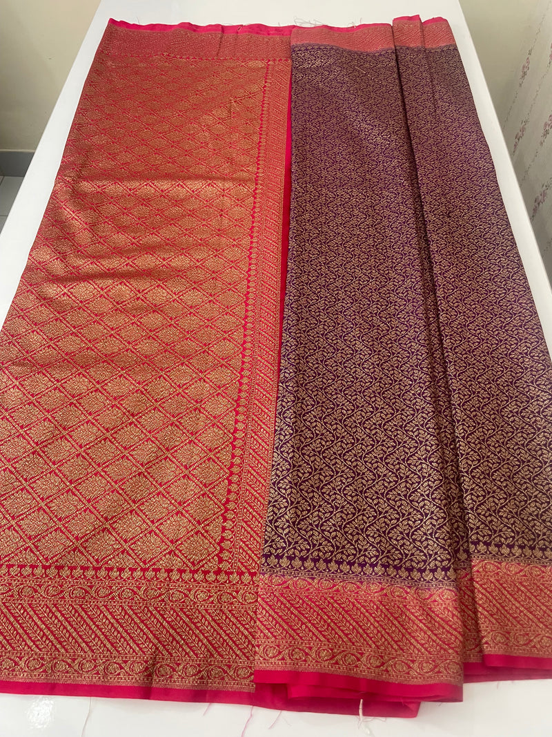 Banarasi semi katan saree with contrast border SHKNTNM - Purple to Pink