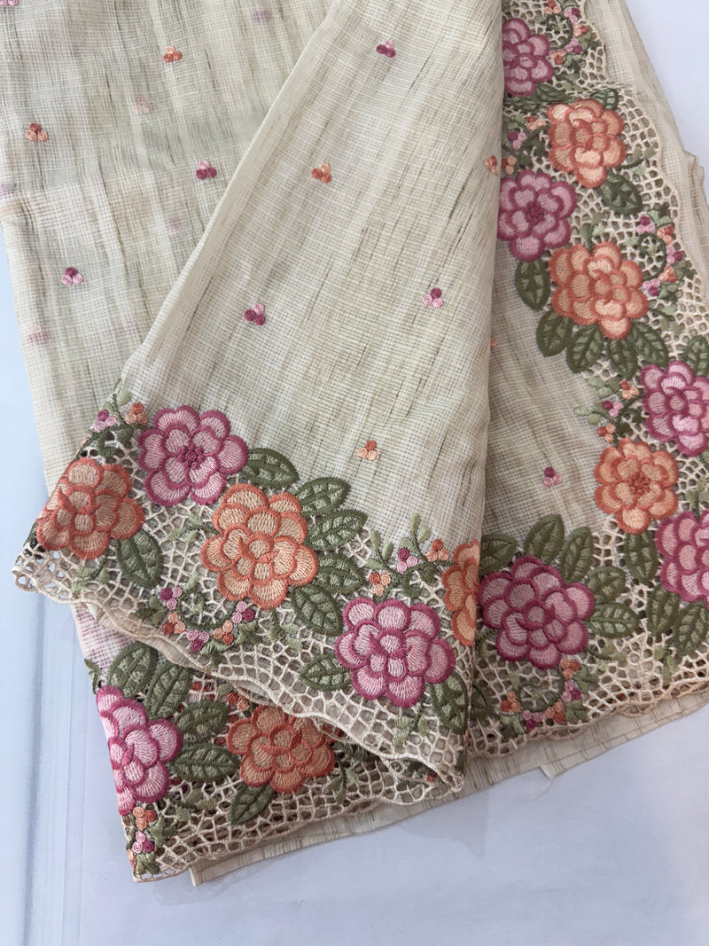 Embriodery Kota Silk Cutwork saree FBLK100 - Beige