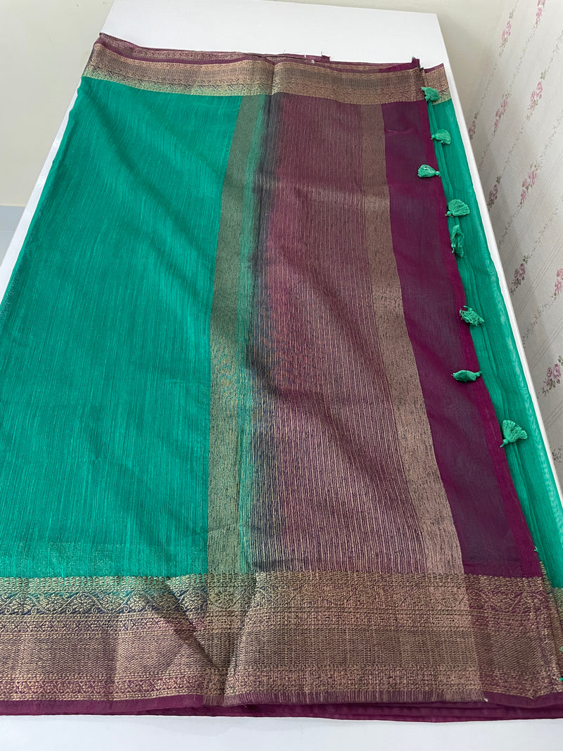 Jute silk sarees with contrast  pallu & blouse MJL324 Green to Wine