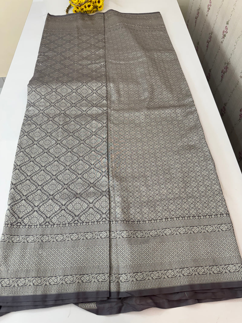 Banarasi semi katan saree in silver zari SHKNRIM- Ash