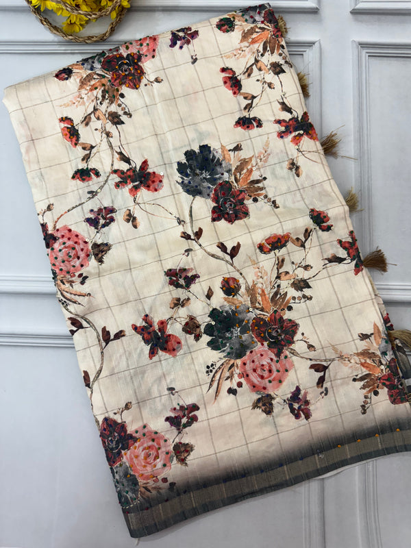 Blended tussar silk saree with french knots, sequence and kanta work - MS14855
