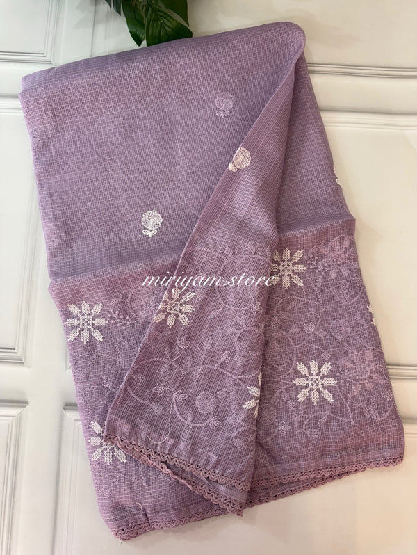 Soft kota checks saree with embroidery MSKC342 Lavender