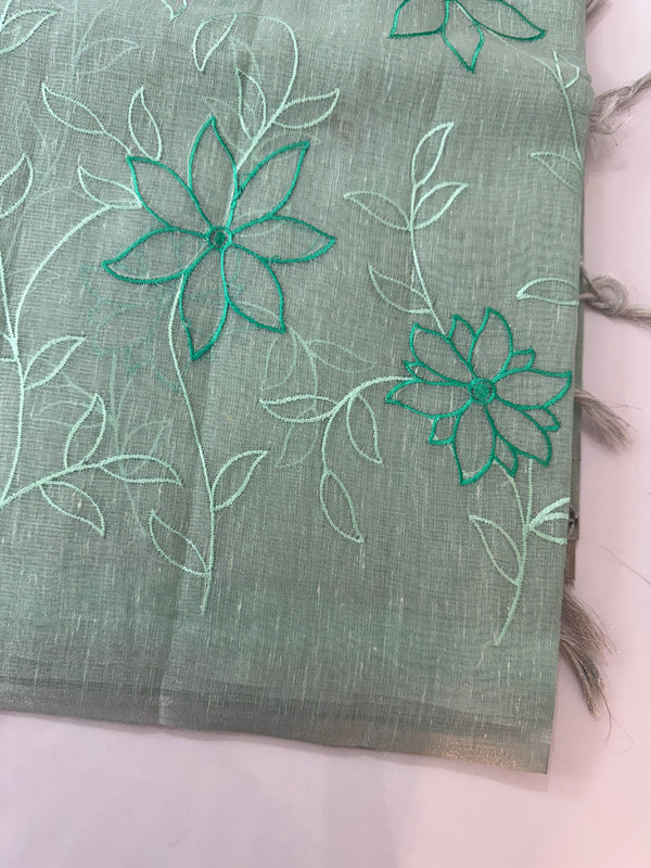 Tissue Linen Saree with embroidery MRS786 - Pastel BlueGreen