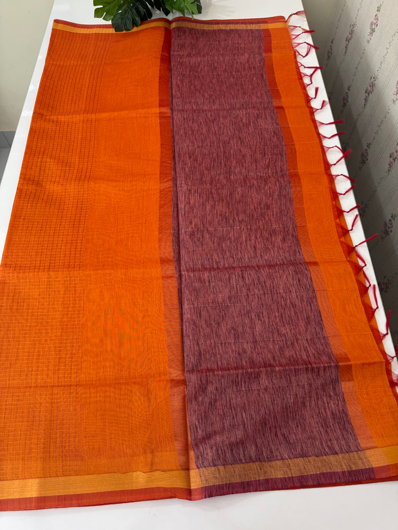 Mangalagiri Silk Cotton Saree  with zari checks MS90321 Orange