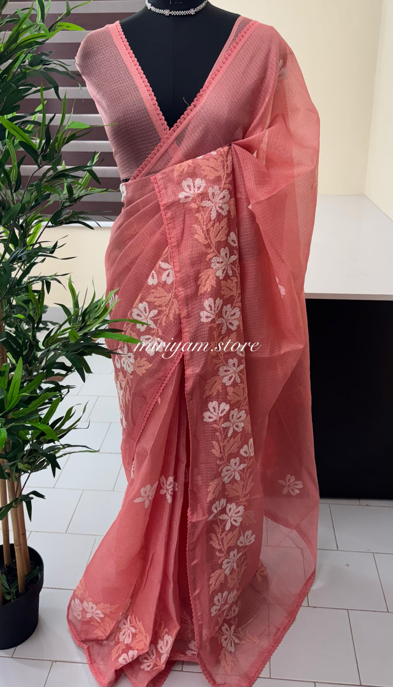 Soft kota checks saree with embroidery MSKC347 Peach