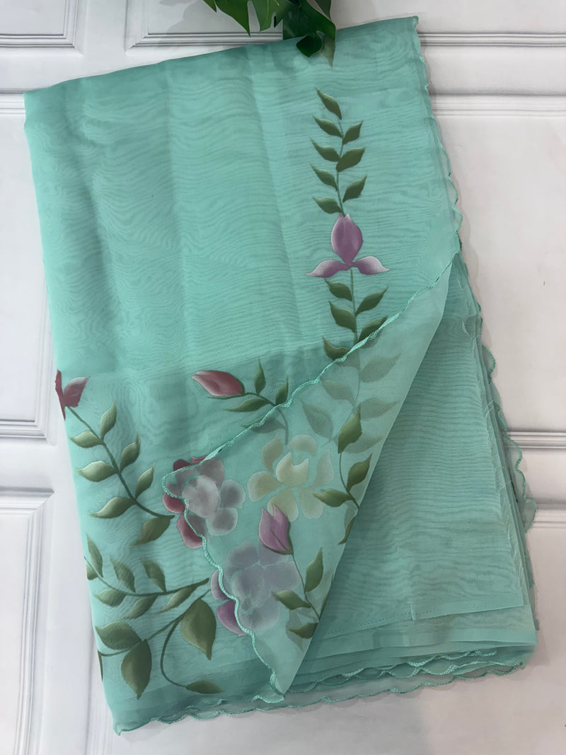 Handpainted soft organza saree SSKW18- CyanBlue