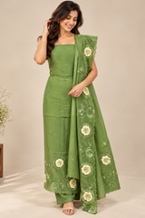 Unstitched Malai chanderi suit set with applique work- MK157 Green
