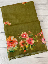 Digital printed semi Linen Saree MLS711- OliveGreen