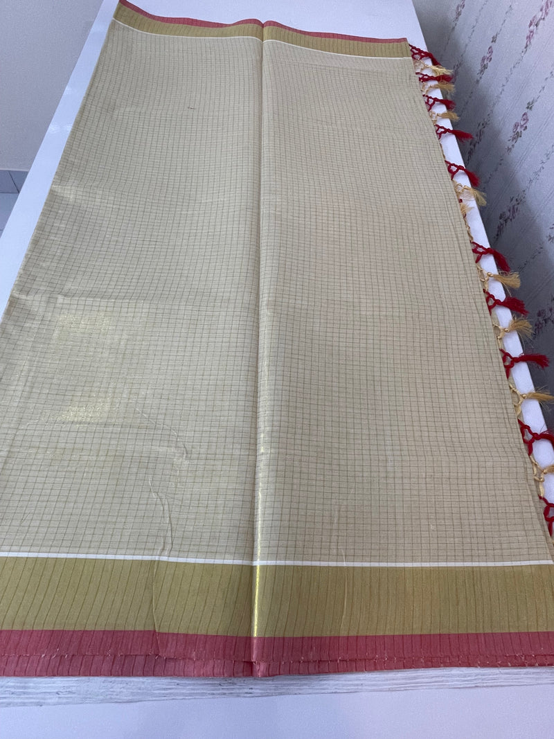 Kerala tissue saree - Gold checks