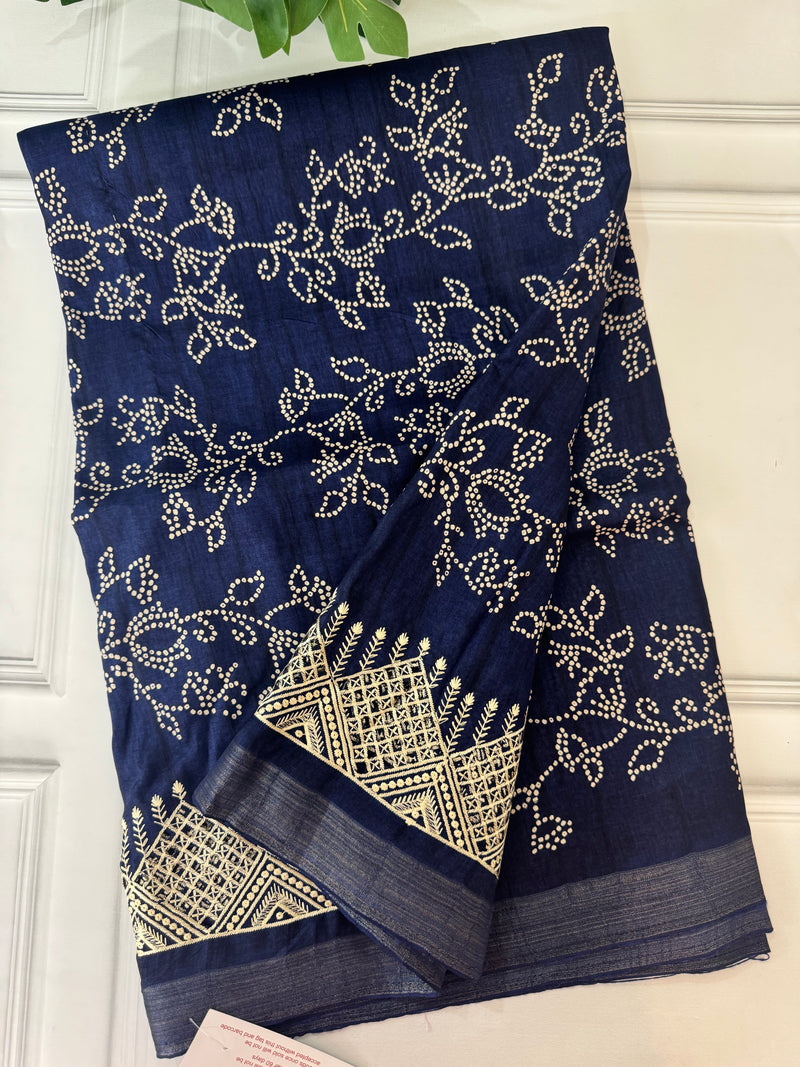 Blended Bandhani tussar silk saree with cutwork MTBF313 DarkBlue