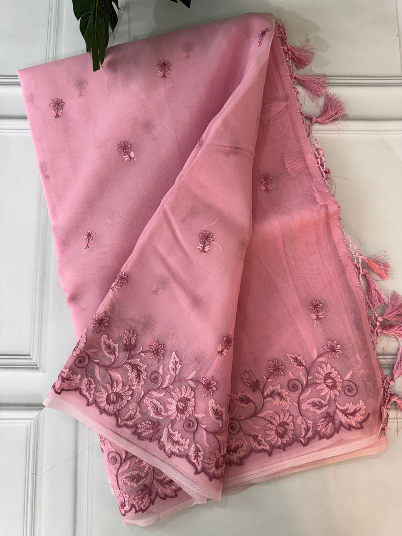 Semi Organza thread work saree MOST542 Pink