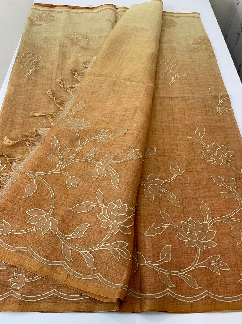 Ombre Soft Tissue linen saree with appliqué work MSL875