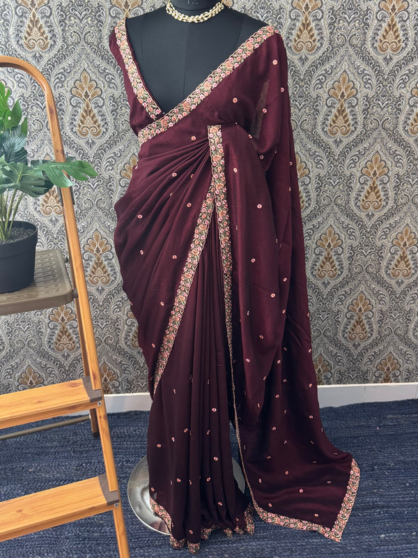 Crepe chiffon saree with Embroidery border- MS6544 Maroon