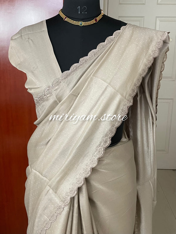 Kosa semi tussar silk saree with scalloped border - MKTS553 Taupe