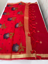 Semi jute silk saree with organza pallu MJL406 Red