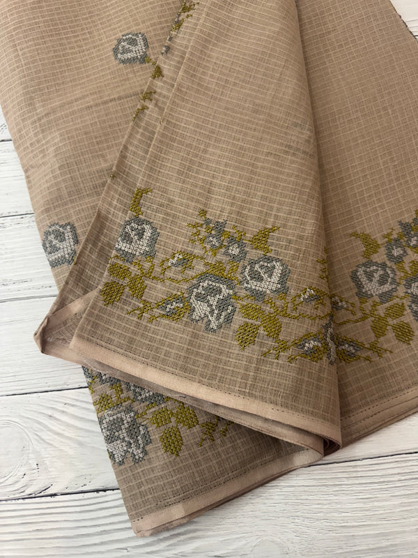 Pure Kota cotton saree with cross stitch embroidery -MKAS339 GreenishGrey