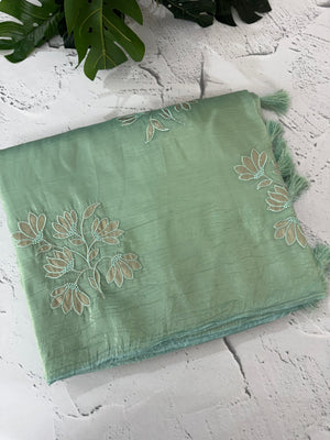 Soft Crush Organza Applique work saree with tissue applique work MS14978 CyanBlue